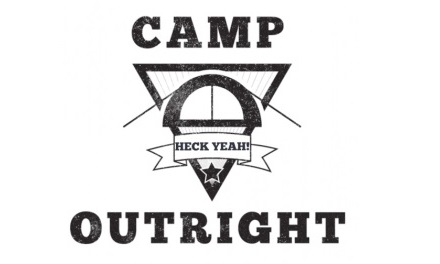 Black and white logo with the text Camp Outright surrounding a Triangle with a banner over it reading Heck Yeah!