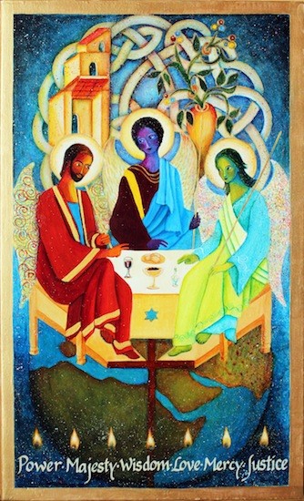 A reworking of Rublev's icon in which the leftmost person is red, the central person is purple,
			  and the rightmost person is green. The words 'Power, Majesty, Wisdom, Love, Mercy, Justice'
				written along the bottom of the image.