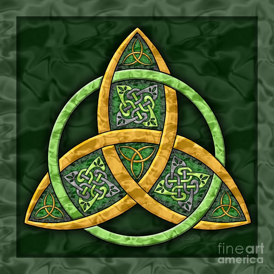 A yellow triquerta on a deep green background and stylized with celtic knotwork.