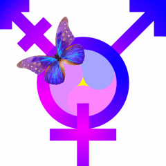 A violet reporduction of the astrological symbol for transgendered individuals with a butterfly